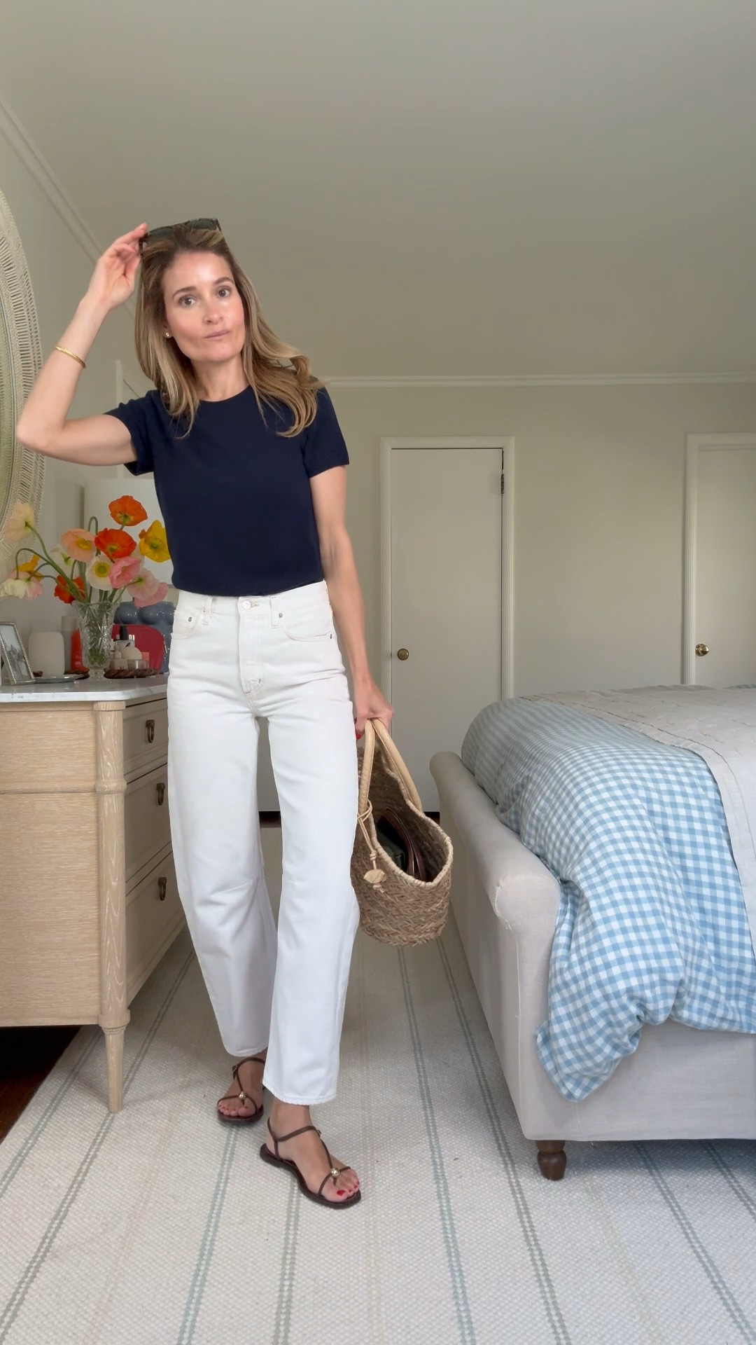 casual spring look 💛 love pairing navy, dark chocolate, and crisp white denim together! 

✨Comment links to shop. This cashmere crewneck looks and feels 🤌🏻but is somehow under $50!    

❤️Follow if you’re looking for easy everyday outfit inspiration!  

@Quince  #quincepartner @shop.ltk, #liketkit 