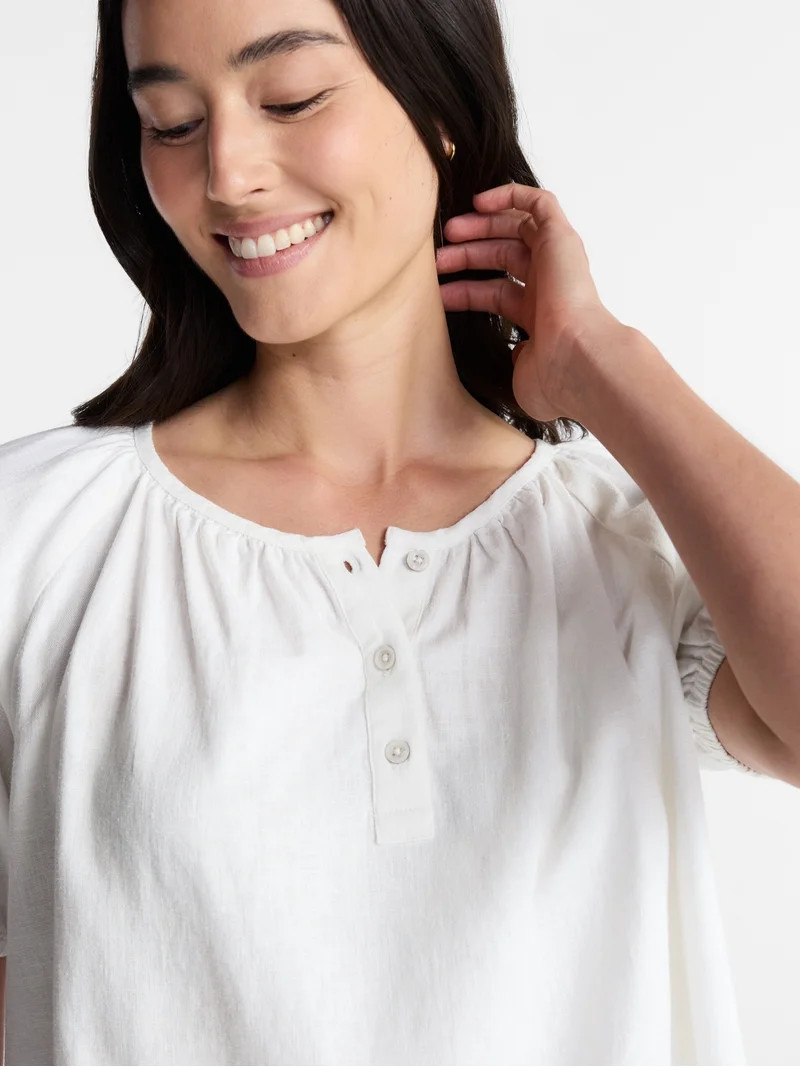 Time and Tru Women's Linen Blend Blouse with Scalloped Hem, Sizes XS-XXXL | Walmart (US)