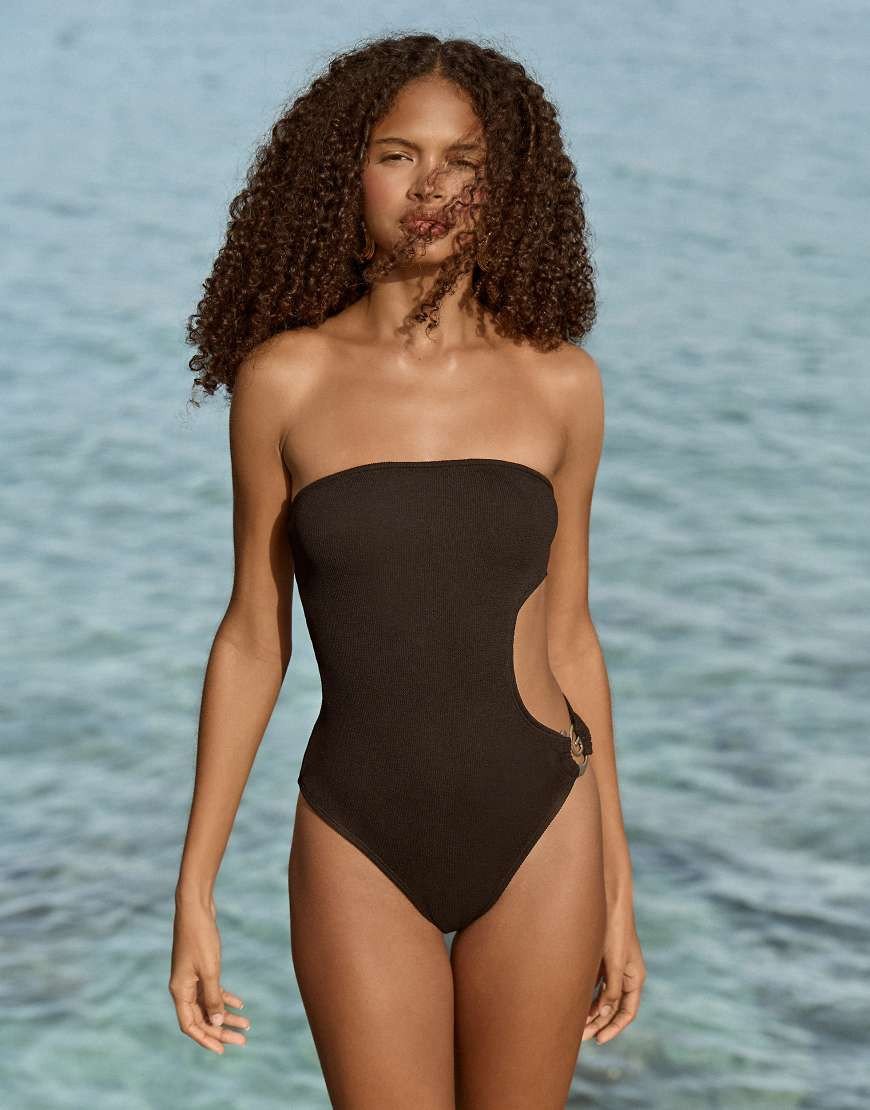 4th & Reckless spiral hardware cutout strapless one-piece crinkle swimsuit in black | ASOS (Global)