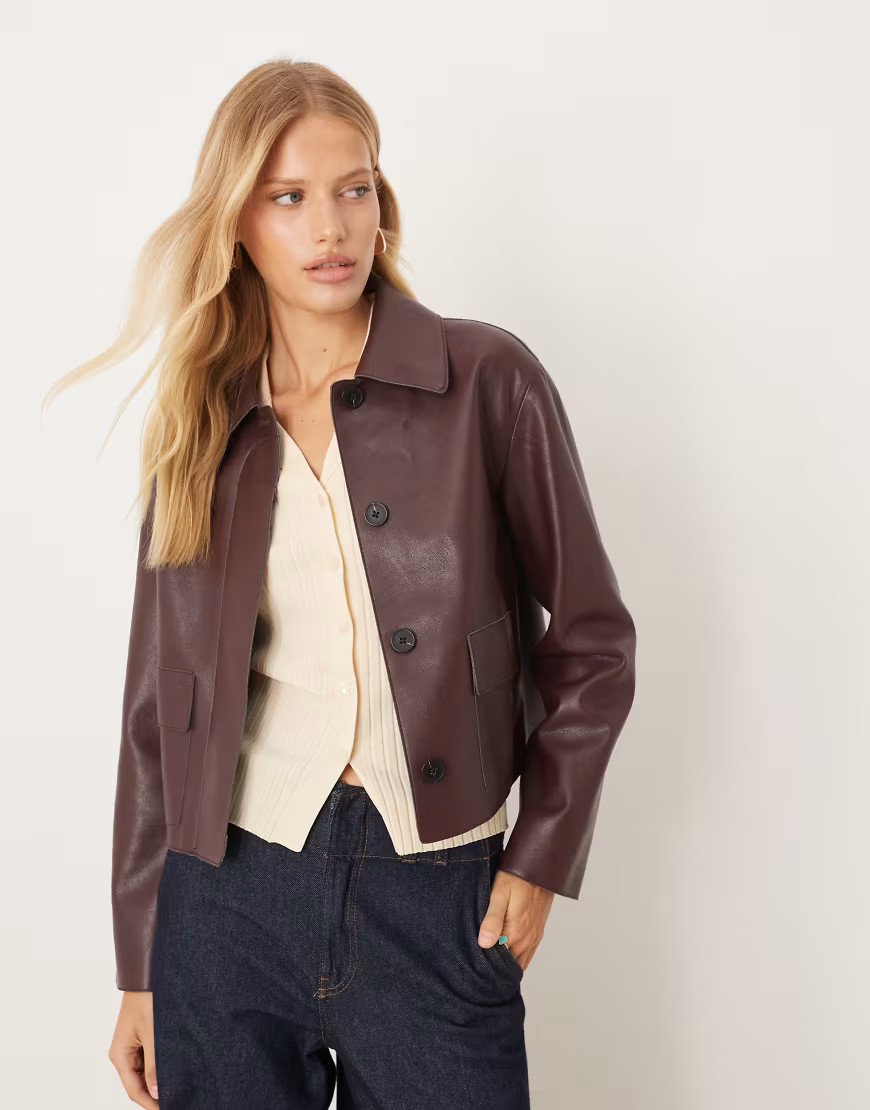Mango faux leather jacket in dark red | ASOS (Global)