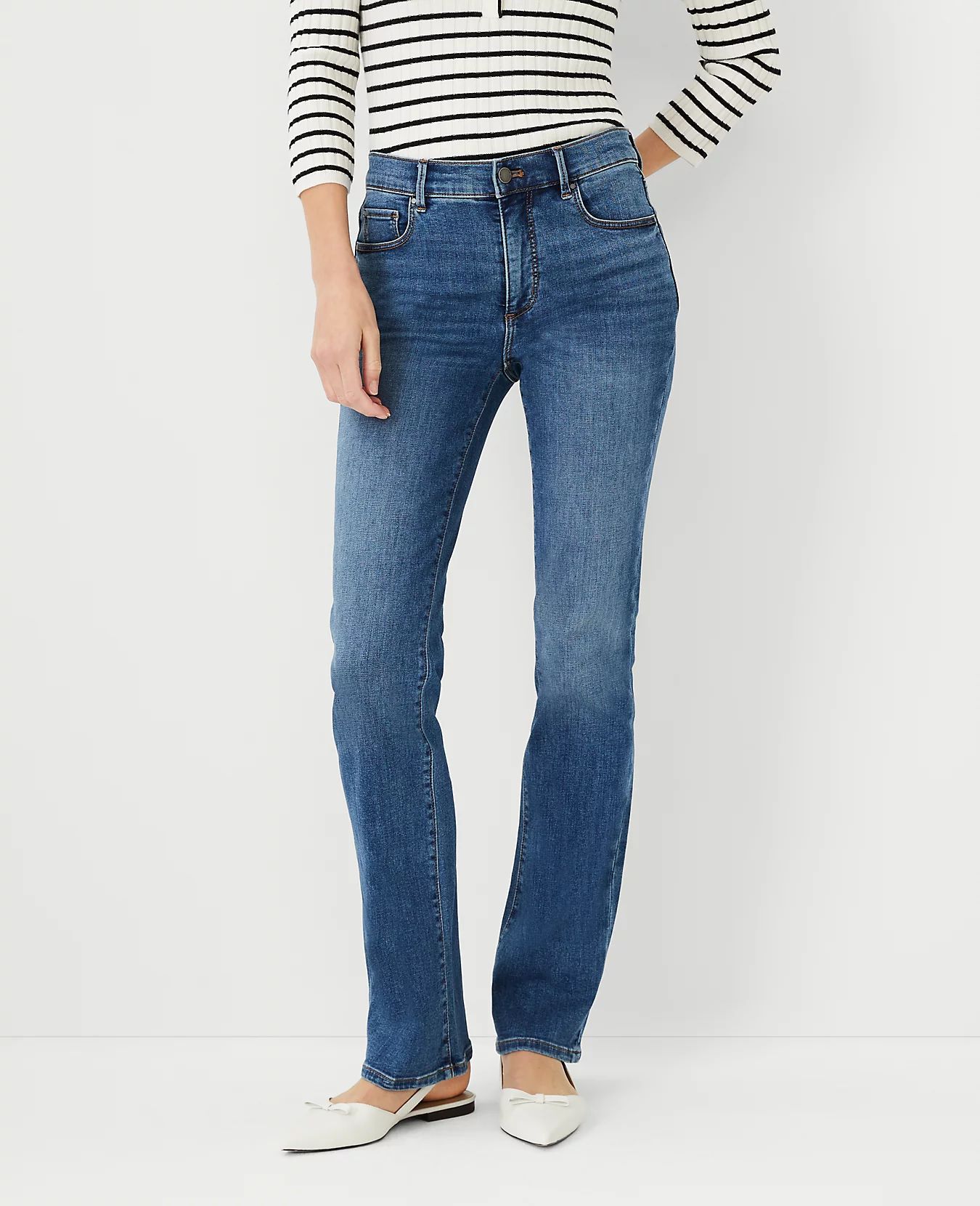 Curvy Sculpting Pocket Mid Rise Boot Cut Jeans in Mid Stone Wash | Ann Taylor (US)
