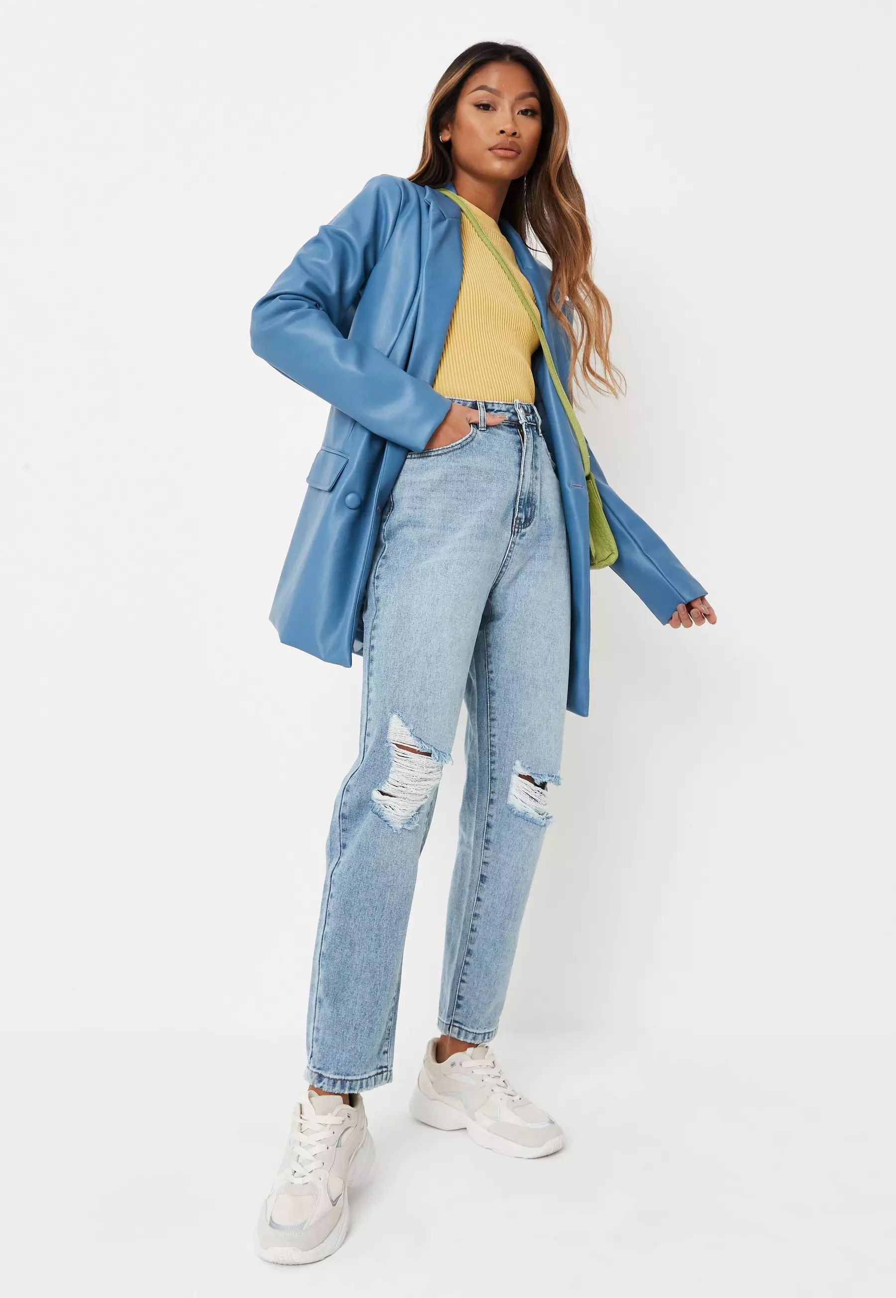 Missguided - Light Blue Riot Highwaisted Distressed Knee Mom Jeans | Missguided (US & CA)