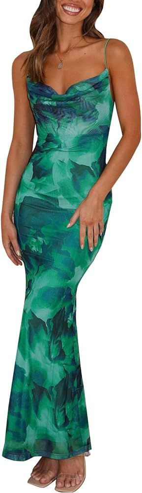 PRETTYGARDEN Women's 2024 Summer Floral Spaghetti Strap Maxi Dress Stretch Sexy Bodycon Dress Bac... | Amazon (US)