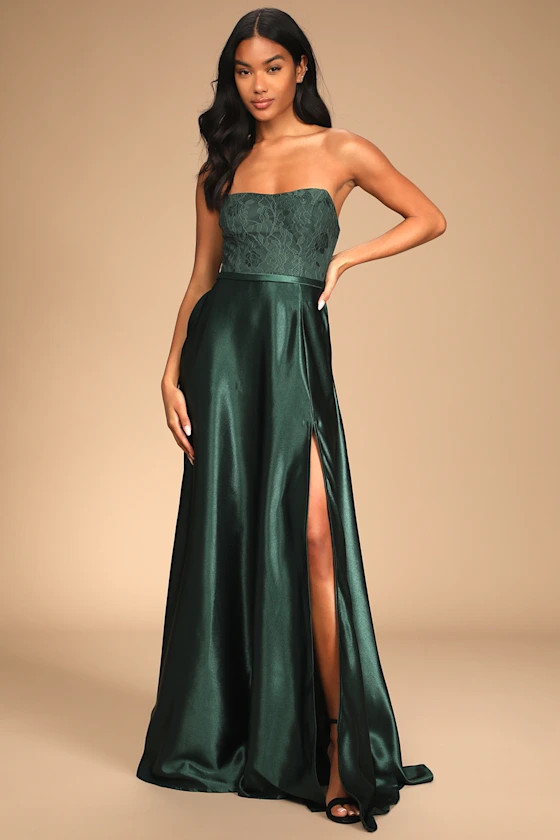 Beyond Luxe Emerald Lace Satin Strapless Maxi Dress With Pockets | Lulus (US)