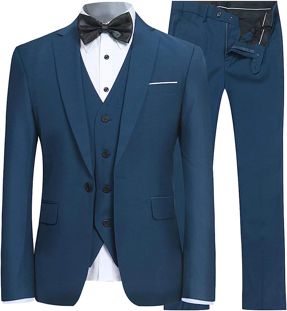 YFFUSHI Men's Slim Fit 3 Piece Suit One Button Business Wedding Prom Suits Blazer Tux Vest & Trouser | Amazon (US)