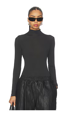 SKIMS Sheer Modal Long Sleeve Turtleneck Bodysuit in Onyx from Revolve.com | Revolve Clothing (Global)