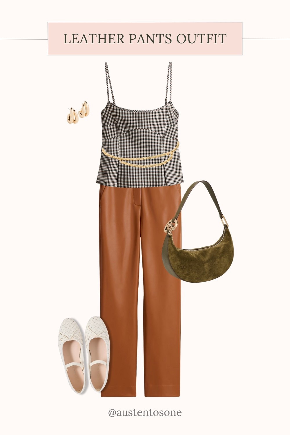 Fall outfit inspiration featuring brown leather pants styled with a chic gingham top, gold chain belt, and a green shoulder bag. Paired with classic white ballet flats, this look is perfect for transitioning into cooler weather while staying stylish and comfortable. A great example of easy leather pants styling tips for creating polished everyday outfits.

#LTKStyleTip #LTKShoeCrush #LTKFindsUnder100