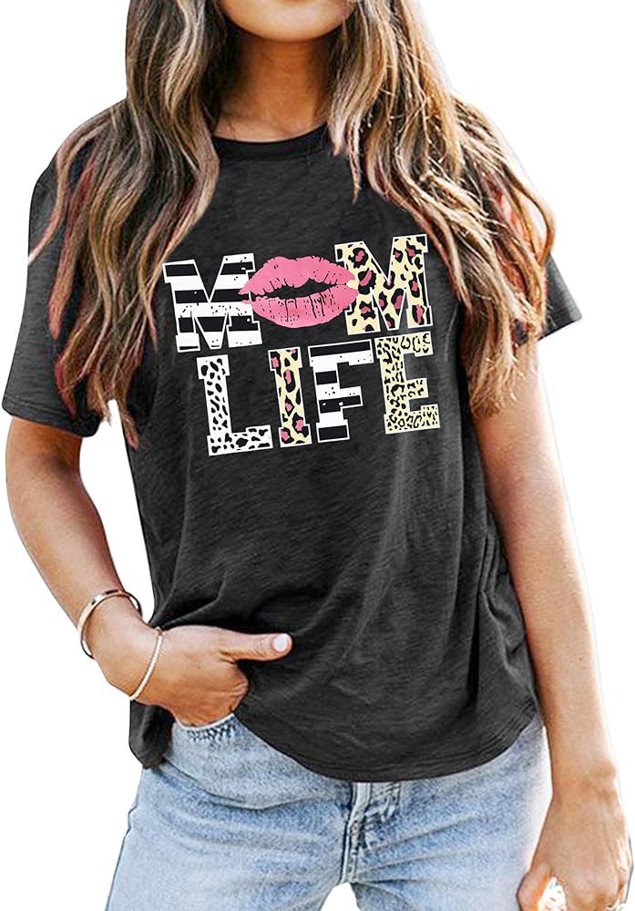 Women Mom Life T-Shirts Leopard Lips Stripe Graphic Shirts Funny Letter Printed Tee Mother's Day ... | Amazon (US)