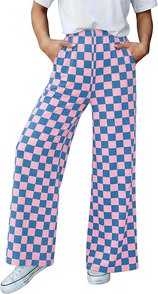 BTFBM Womens Checkered Palazzo Pants Wide Leg High Waisted Pockets Gingham Casual Lounge Pajama T... | Amazon (US)