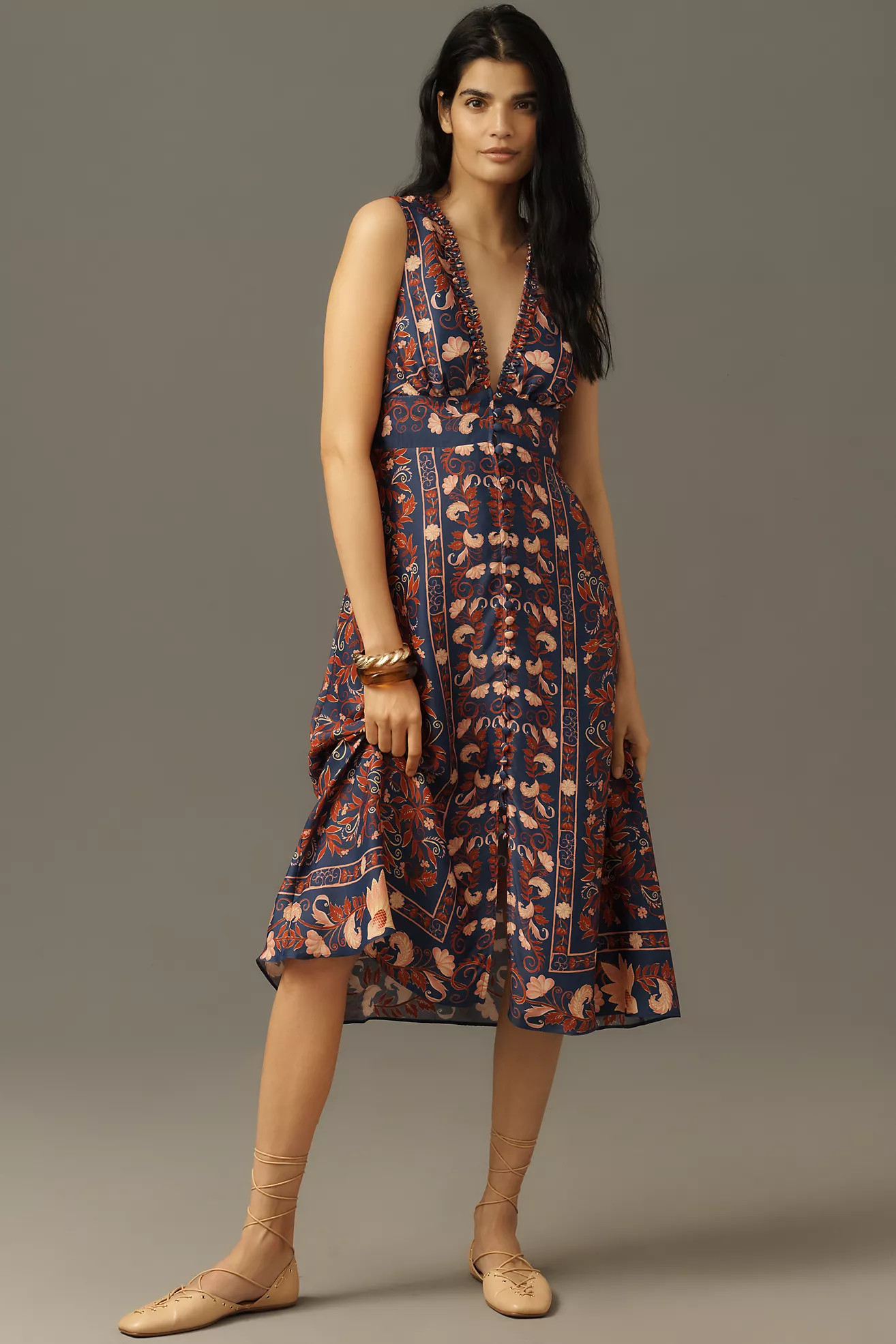 Farm Rio V-Neck Floral Scarf Midi Dress | Anthropologie (US)