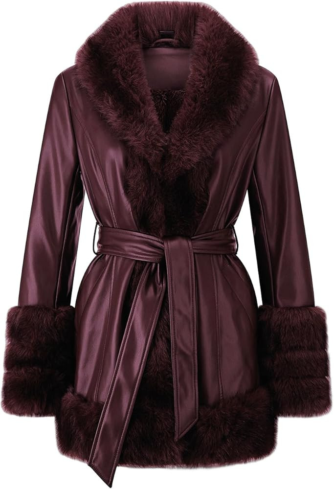Women Faux Fur Leather Jacket Fur Collar Coat Fur Lined Winter Warm Parka With Belt | Amazon (US)