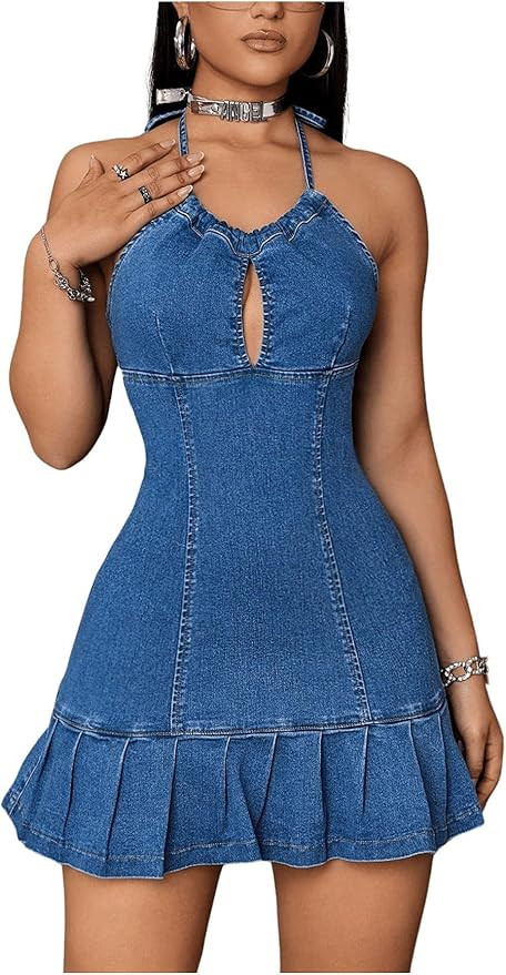 Women's Tie Backless Halter Neck Denim Dress Pleated Sexy Y2K Mini Dress | Amazon (US)