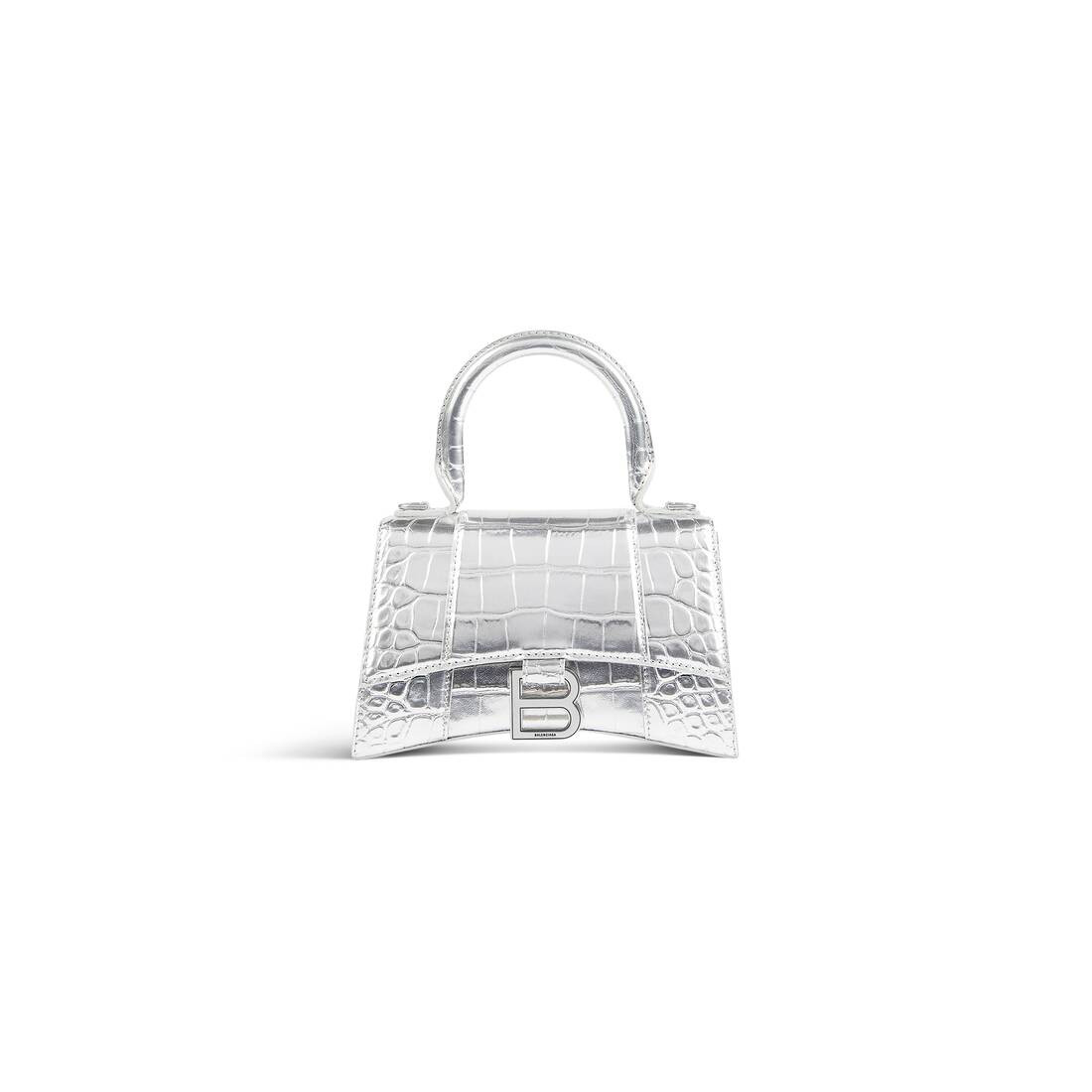 Women's Hourglass Xs Handbag Crocodile Embossed in Silver | Balenciaga