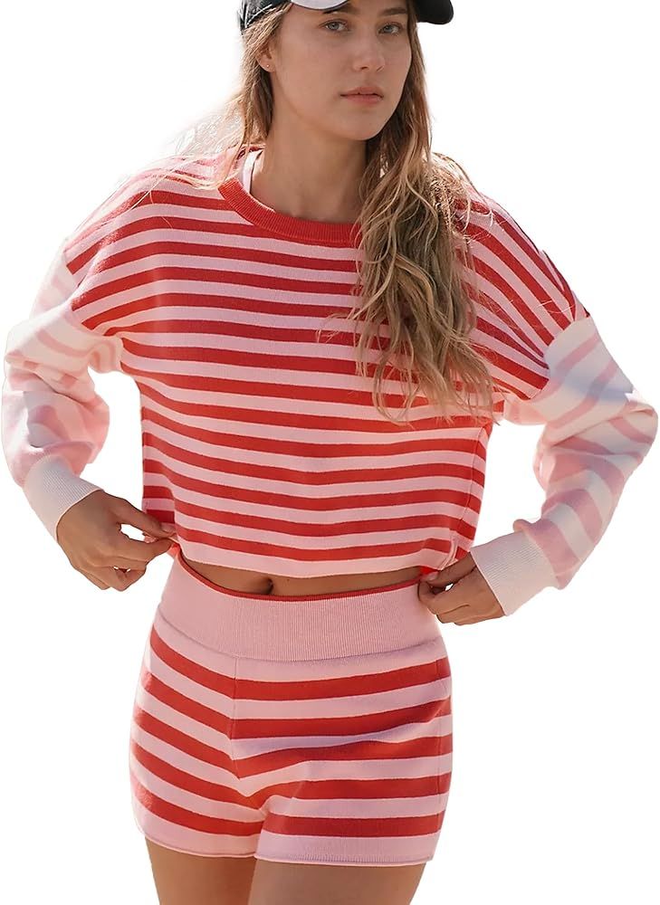 Hixiaohe Lounge Sets for Women 2 Piece Outfits Sweater Set Striped Tops Shorts Matching Pajama Wo... | Amazon (US)
