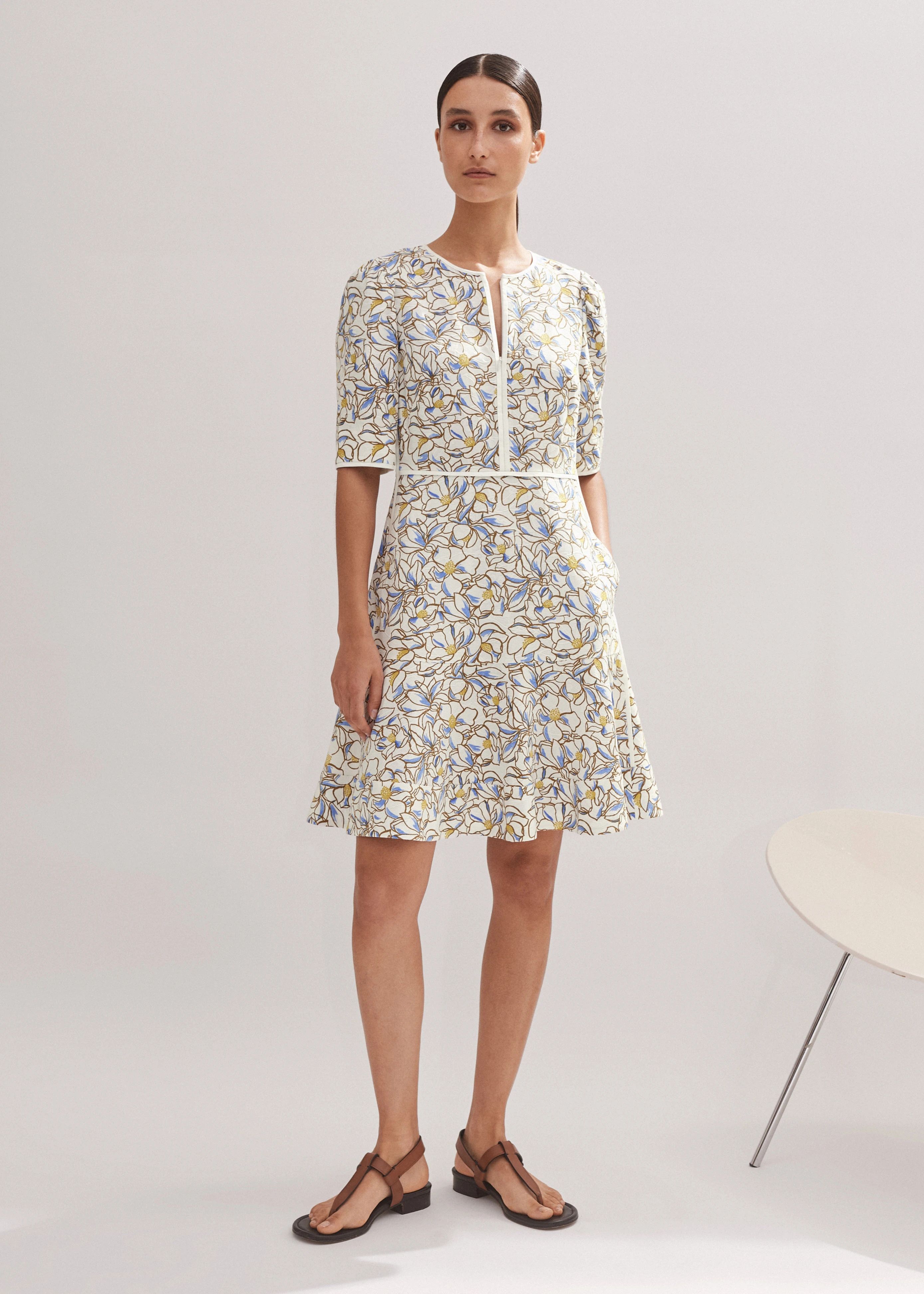 Cotton Jacquard Floral Print Fit and Flare Dress | ME+EM US