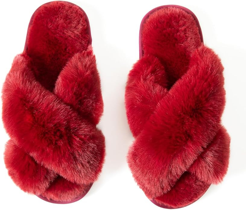 Women's Cross Band Fuzzy Slippers Fluffy Open Toe House Slippers | Amazon (US)