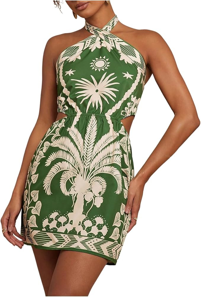 MAKEMECHIC Women's Boho Mini Dress Summer Beach Vacation Halter Dresses Floral Sundress | Amazon (US)