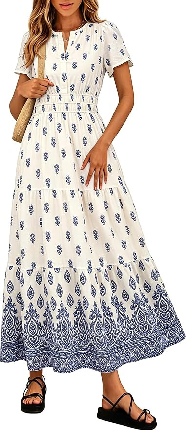 Simplee Womens Summer Boho Maxi Dress Casual V Neck Short Sleeve Dress Floral Tiered Flowy Weddin... | Amazon (US)