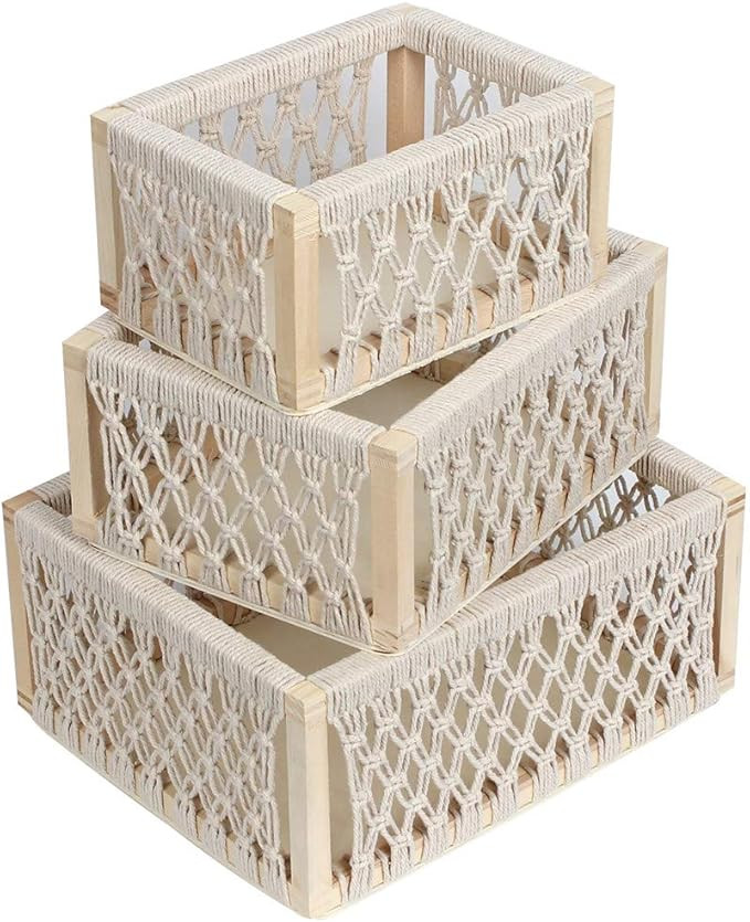 Macrame Storage Baskets for Shelves and Closet, Boho Decorative Boxes for Home Decor, Perfect Pam... | Amazon (US)