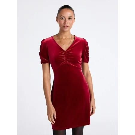 Time and Tru Women's Velvet Mini Dress with Puff Sleeves, Sizes XS-XXXL | Walmart (US)
