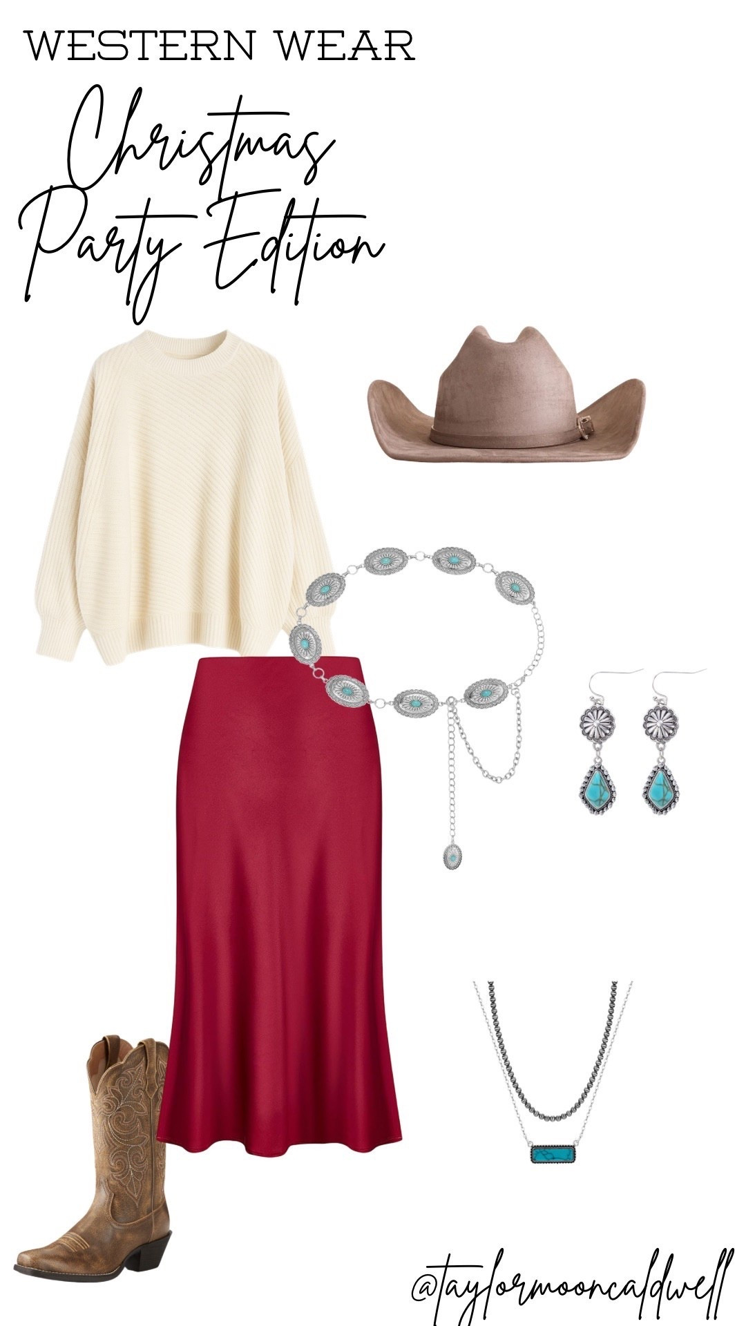 Western Wear ✨ Christmas Party Edition 🎄🤠
Cozy meets cowgirl in this holiday outfit—an oversized cream sweater, satin midi skirt, turquoise concho accessories, and classic cowboy boots. The perfect mix of festive + western chic for Christmas parties, holiday dinners, or winter events. Linking everything so you can recreate this effortless western holiday look! #womenstyle #westernwear #westernfashion #cowgirlstyle #christmasoutfit #holidayoutfitideas #cowboybootsstyle #turquoisejewelry #winteroutfitinspo #ltkfashion #ltkholiday #ltkoutfit #westernchic #holidaystyle

#LTKHoliday