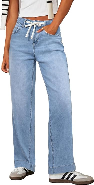 Sidefeel Women's Wide Leg Jeans High Waisted Stretchy Straight Leg Baggy Drawstring Zimbaplatinum... | Amazon (US)