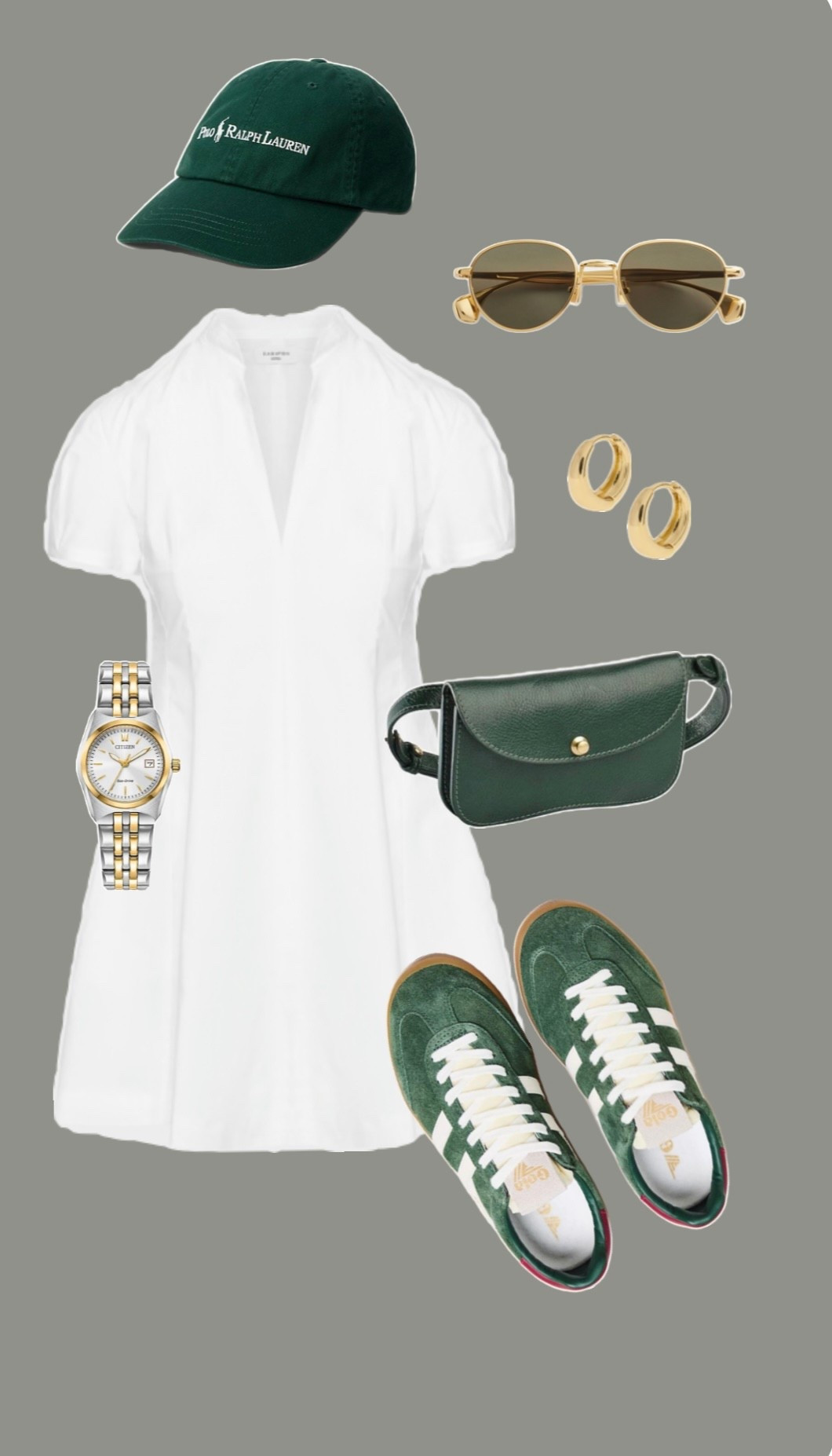 White dress and sneaker outfit, waste management outfit, green sneakers 