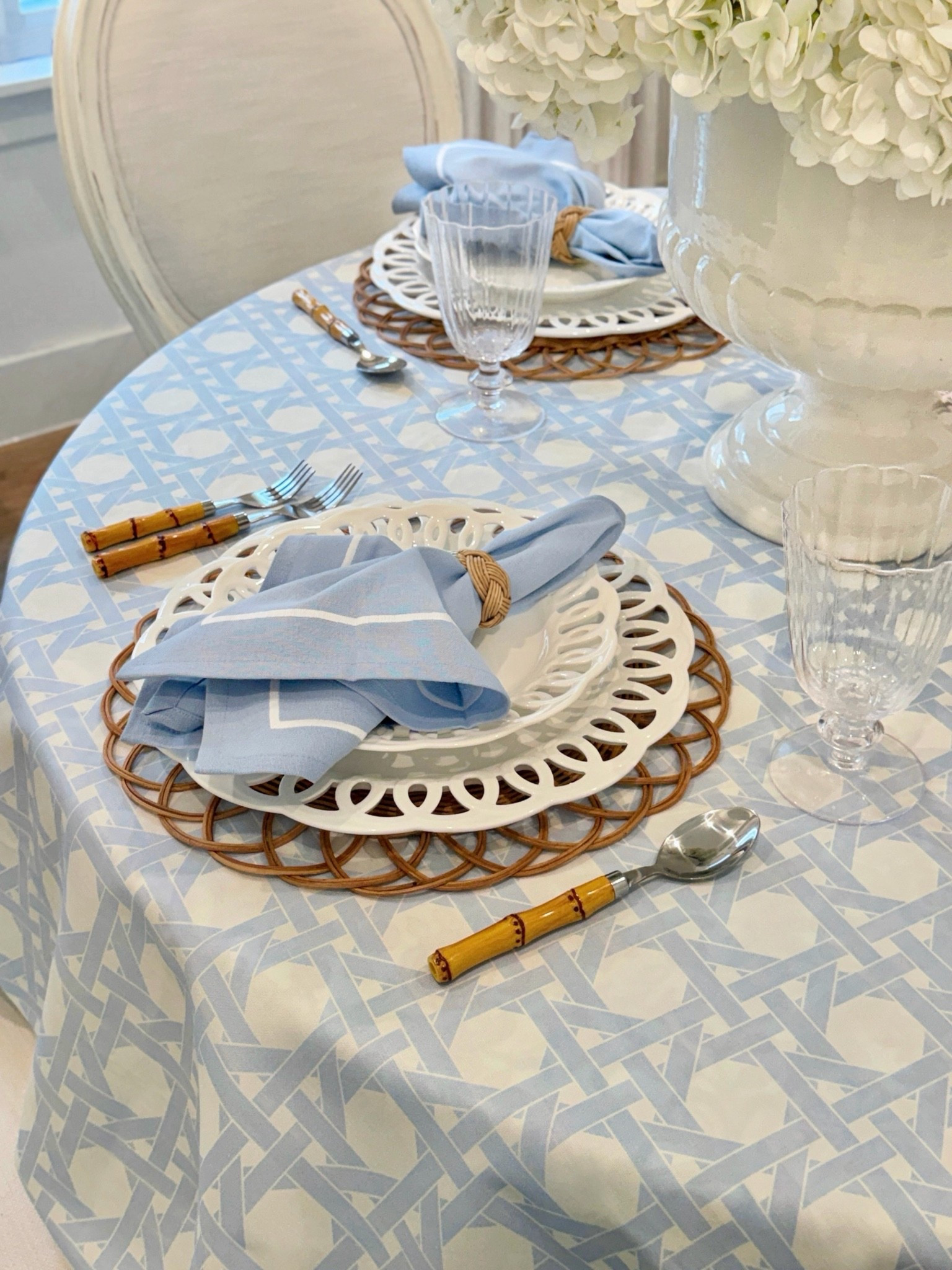 Cane print tablecloth on sale 💙 takes 3 weeks to arrive but worth the wait 😍 comes in 70 & 90 inch ✨ summer table spring table setting blue and white cane print tabelscape

#LTKHome #LTKSaleAlert