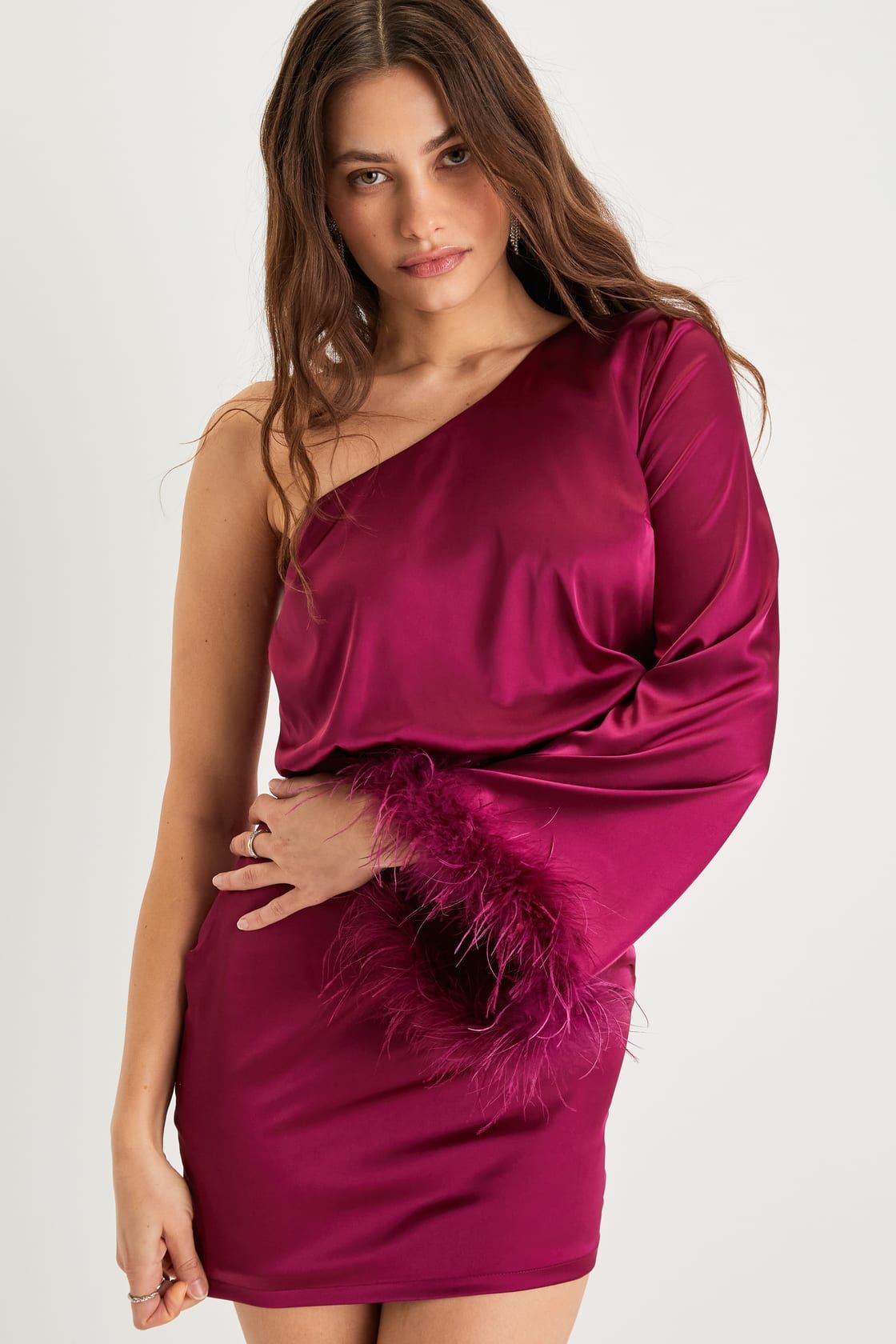Radiant Icon Magenta Satin One-Shoulder Feather Mini Dress | Lulus (US)