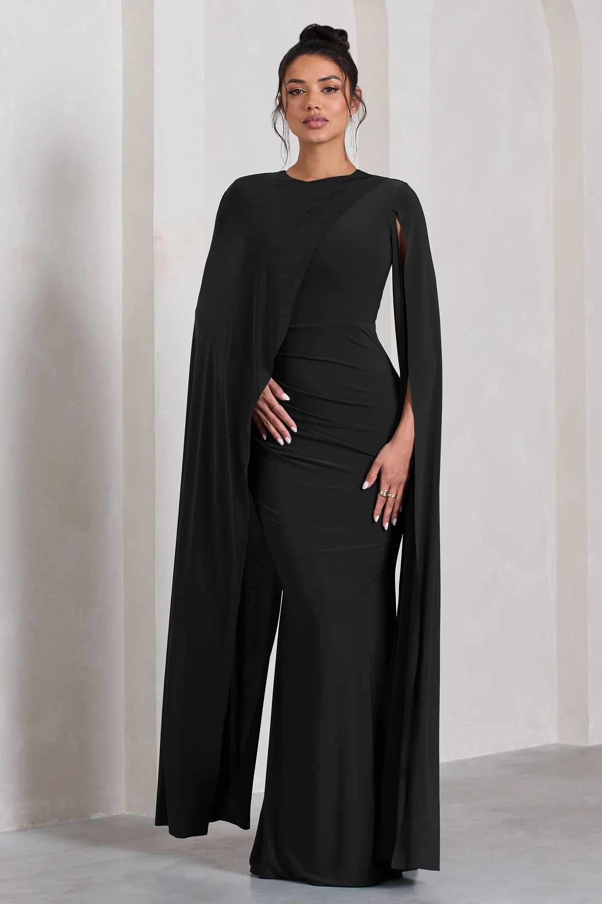 Magdelena | Black Asymmetric Cape Maxi Dress | Club L London