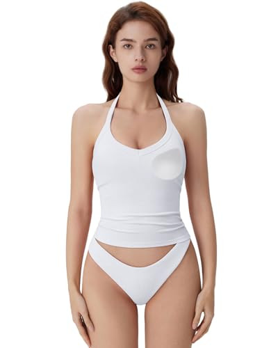 SUUKSESS Halter Tank Top for Women with Built in Bra Cotton Ribbed V Neck Cami | Amazon (US)