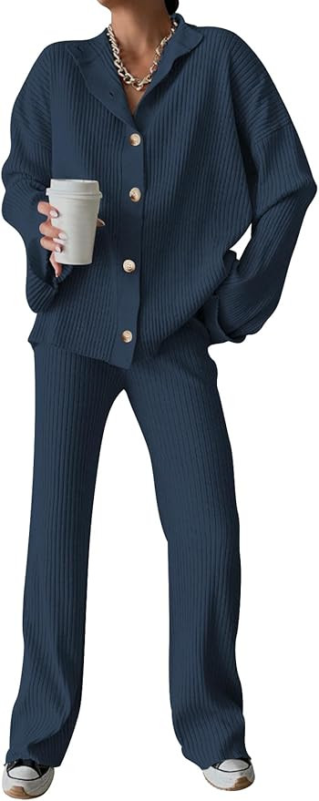Cakulo Womens Lounge Sets 2 Piece Outfits 2025 Button Cardigan Knit Sweater Pants Loungewear Matc... | Amazon (US)