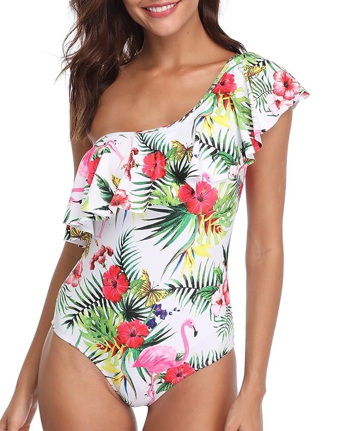 Holipick Women 1 Piece One Shoulder Flounce Swimsuit Tropical Floral Flamingo Printed Bathing Suit | Amazon (US)