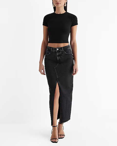 High Waisted Black Raw Hem Front Slit Maxi Denim Skirt | Express