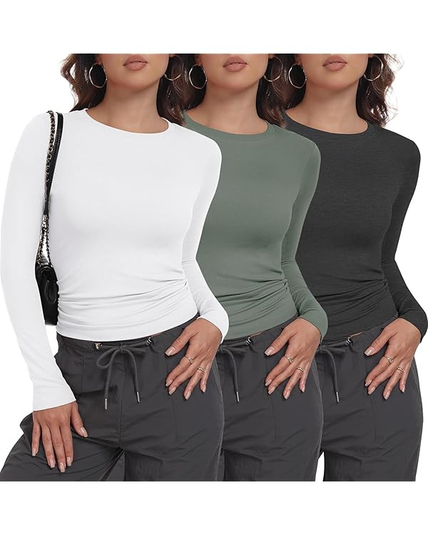 3/1 Pack Womens Long Sleeve Shirts Crew Neck Basic Stretchy Fitted Y2K Tops Going Out Fashion Clo... | Amazon (US)