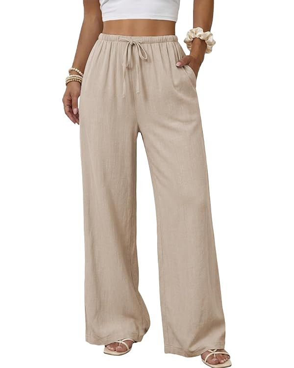 Duyang Womens Cotton Linen Palazzo Pants Drawstring Elastic Waist Casual Wide Leg Trousers with P... | Amazon (US)