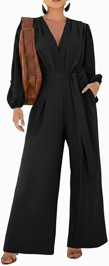 CHICME Womens Elegant Long Puff Sleeve Jumpsuit Deep V Neck Tie Waist Casual Wide Leg Pants Rompe... | Amazon (US)