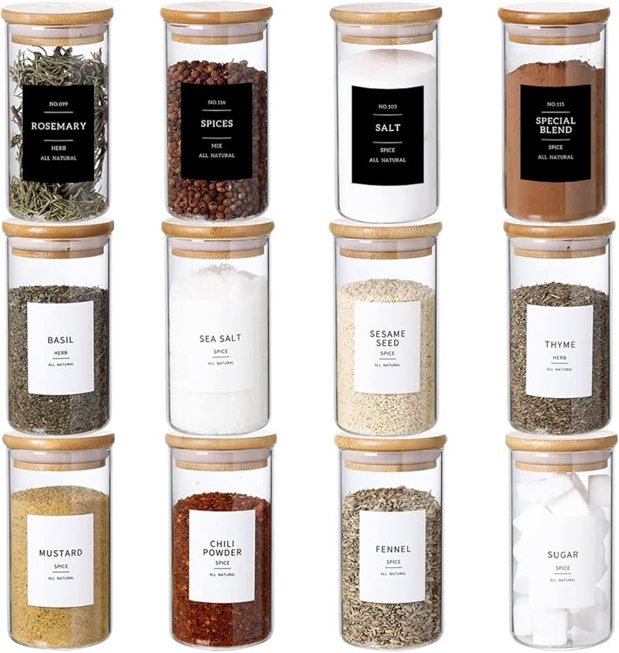 CZZGSM 12 Pcs Glass Spice Jars With 296 Spice Labels Preprinted of White and Black Color- 8oz Thi... | Amazon (US)