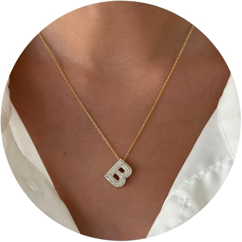Bubble CZ Letter Initial Necklace - Iced Out Name Pendant Alphabet Charm, Custom Shiny Cubic Zirc... | Amazon (US)