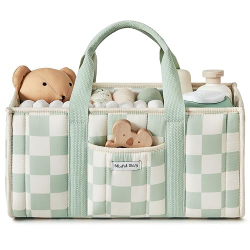 Blissful Diary Checkered Diaper Caddy Organizer, Stylish Nursery Storage Basket, Gift for Baby Shower, Newborn Essentials, Registry Search Must Haves, Sage Green | Amazon (US)