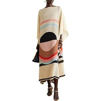 Women's Printed Kaftan Silk Crepe Dress – Calf Length Tunic for Summer Lounge Wear, Elegant Loo... | Amazon (US)