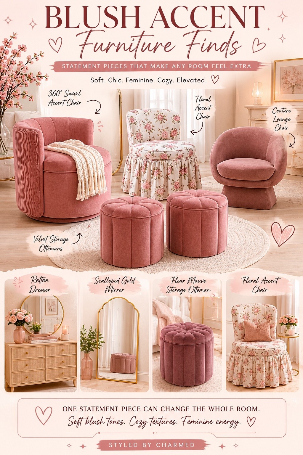 One statement piece can really change the WHOLE vibe of a room 😭✨

These blush furniture finds are giving cozy, feminine, designer-styled energy without feeling boring or basic. That floral chair alone??? Yeahhhh.

Shop my LTK 🤍

#LTKHome #AccentFurniture #FeminineHomeDecor #HomeStyling #StyledByCharmed

#LTKHome #LTKSaleAlert #LTKU