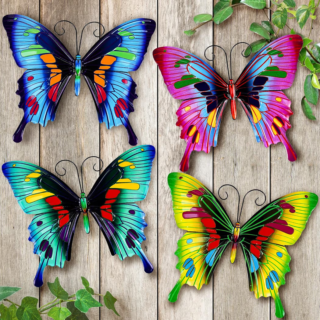 ULENDIS 4 Pack Metal Butterfly Wall Decor, 9.7" 3D Colorful Outdoor Fence Wall Art Decor, Hanging... | Amazon (US)