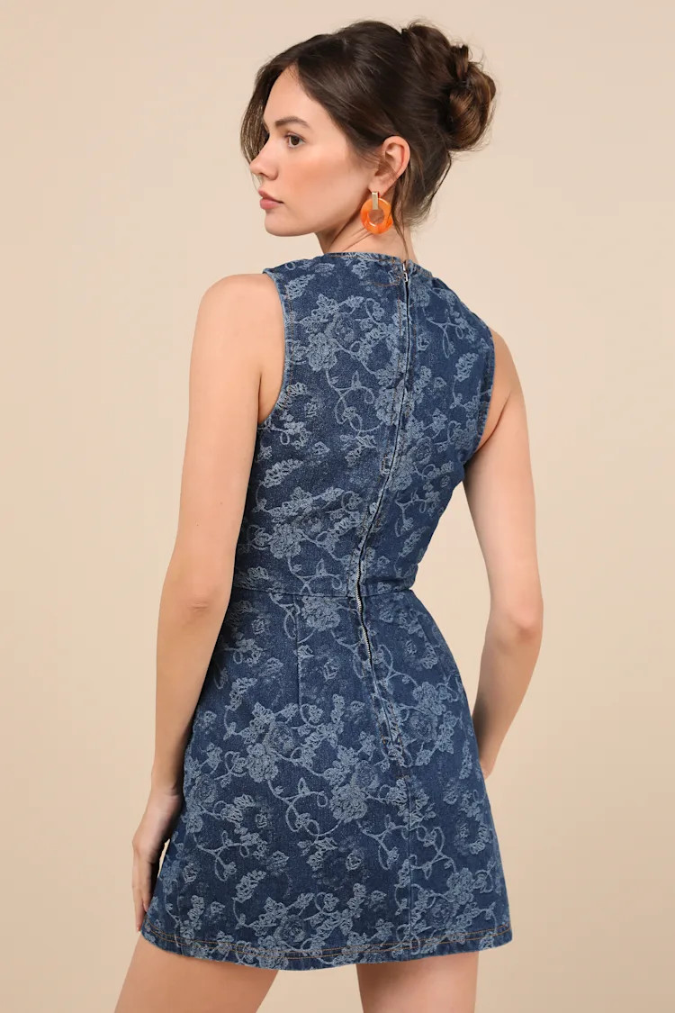 Albena Dark Wash Floral Denim Sleeveless Mini Wrap Dress | Lulus