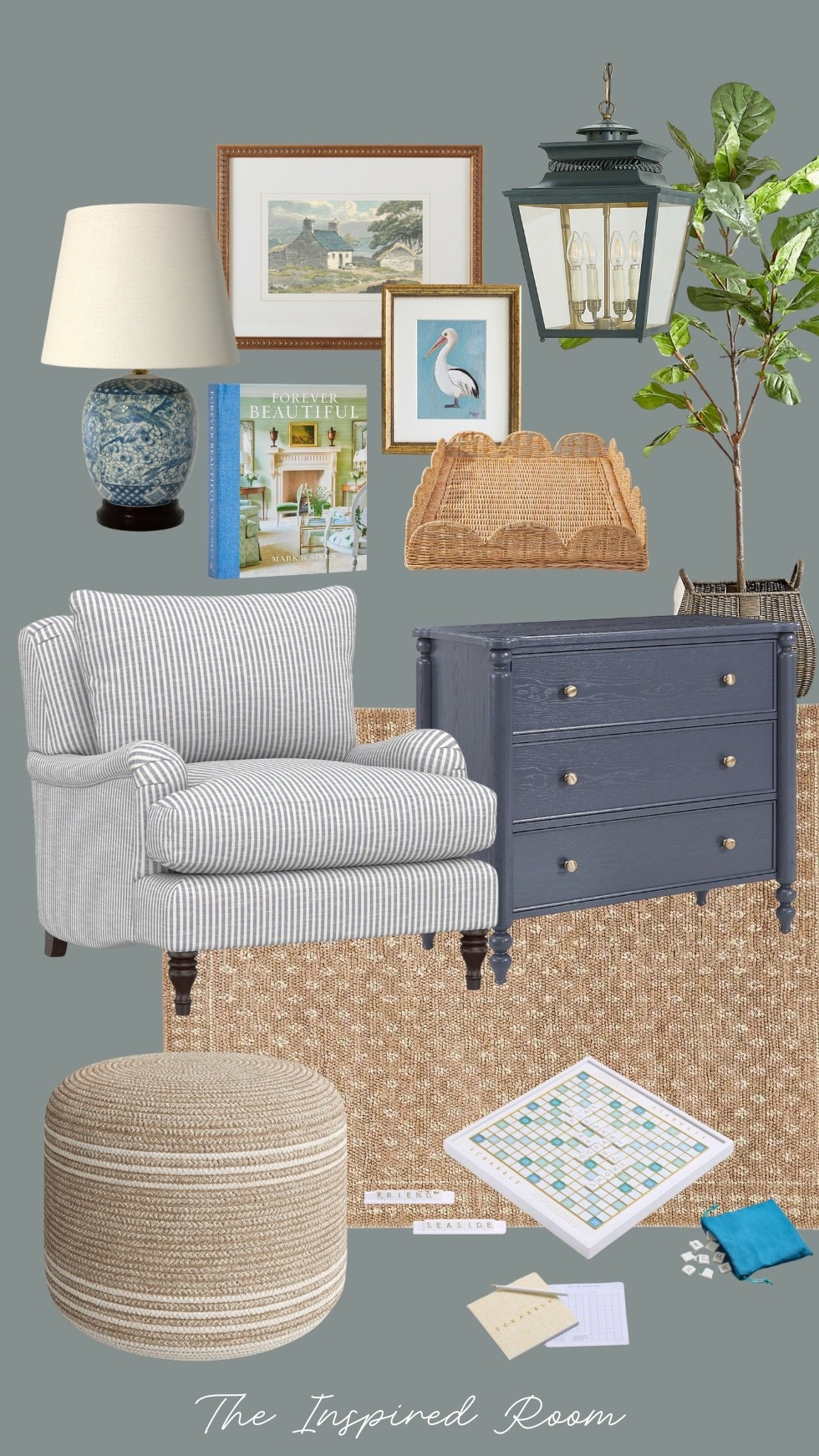 Cottage by the sea style - coastal home decor. Ticking stripe chair (fabric options), rug, scalloped wicker tray, ottoman, coastal monopoly, art, faux fiddle leaf fig, lantern, chinoiserie blue and white lamp

#LTKFindsUnder50 #LTKSaleAlert #LTKHome