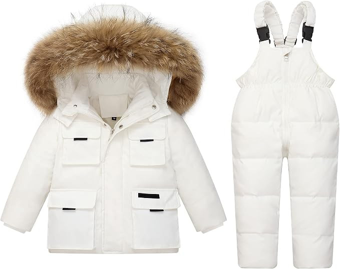 Baby Girl Down Jacket 2pcs Toddler Girl Snow Wear Hooded, Kids Winter Coat + Warm Snowbib Pants P... | Amazon (US)