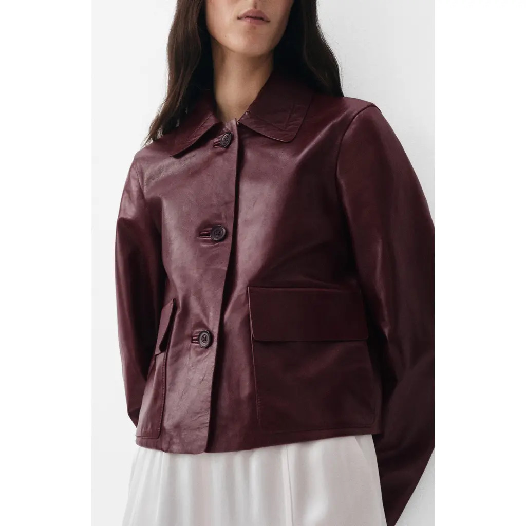 MANGO Selection Leather Button-Up Jacket in Burgundy at Nordstrom, Size X-Small | Nordstrom