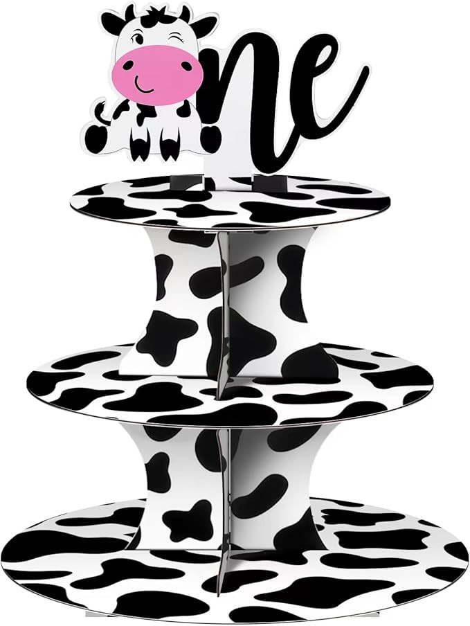 3-Tier Farm Animal Cow Print Cardboard Cupcake Stand for Cow One Birthday Party Decorations Baby ... | Amazon (US)