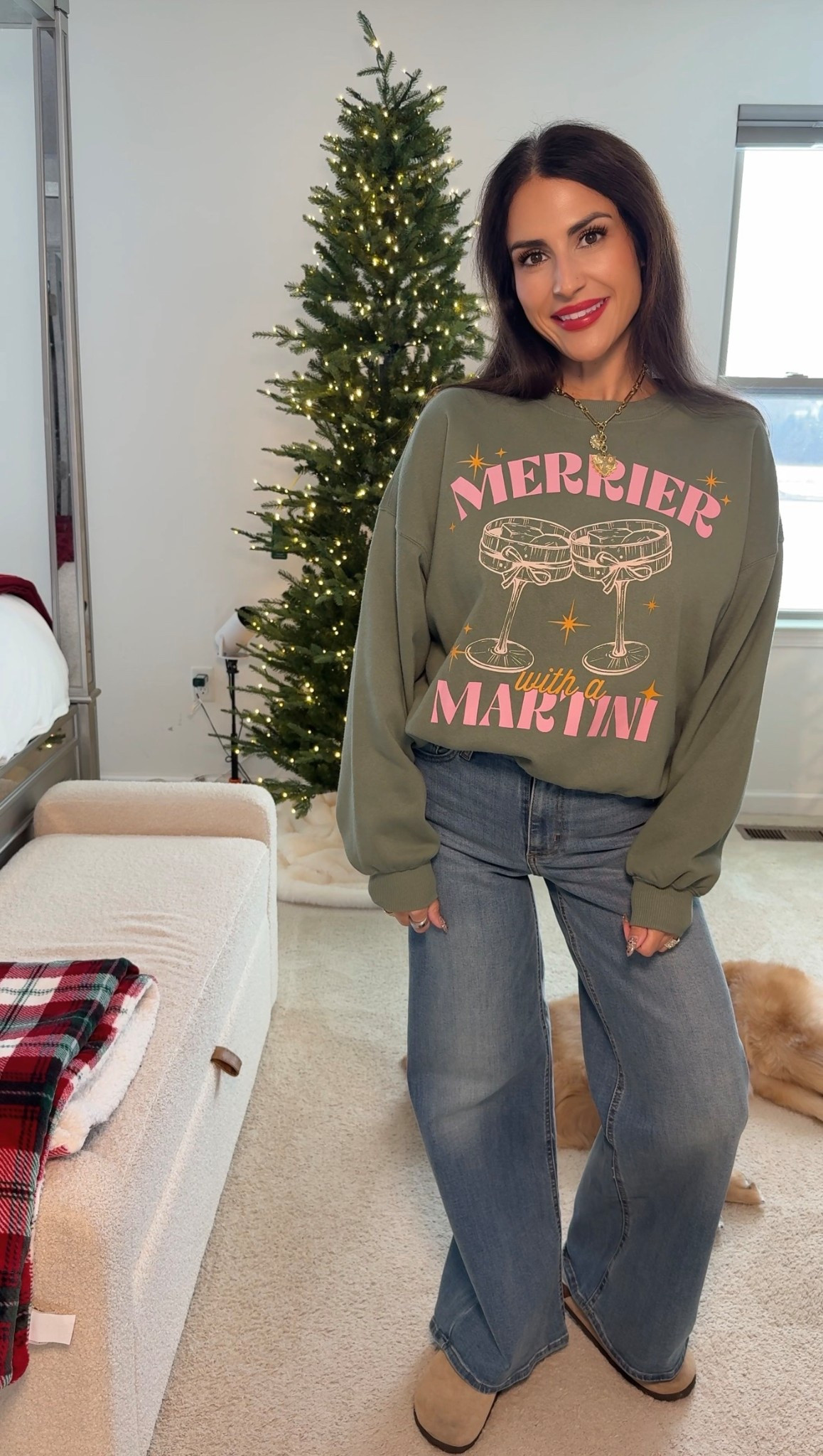 Casual holiday outfit idea perfect for New Year’s Eve at home or casual holiday nights.
This festive graphic sweatshirt paired with wide-leg jeans is comfortable, flattering, and easy to style throughout the season.

#LTKootd #LTKHoliday #LTKSeasonal