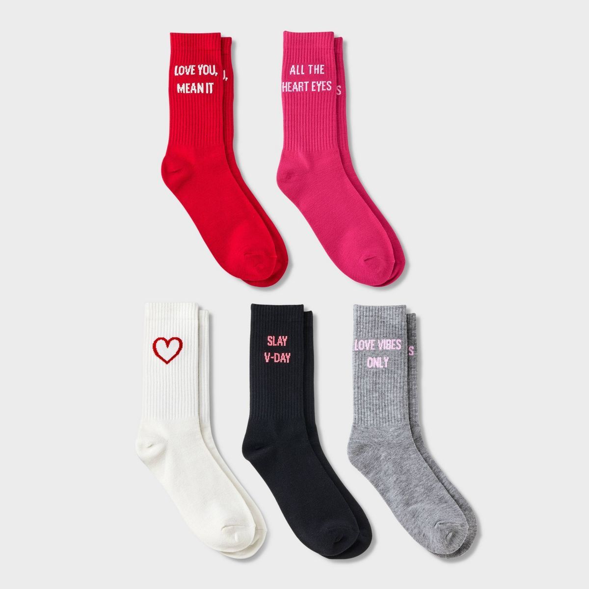 Women's Love Valentine's Day 5pk Sporty Ribbed Crew Socks - Assorted Color 4-10 | Target